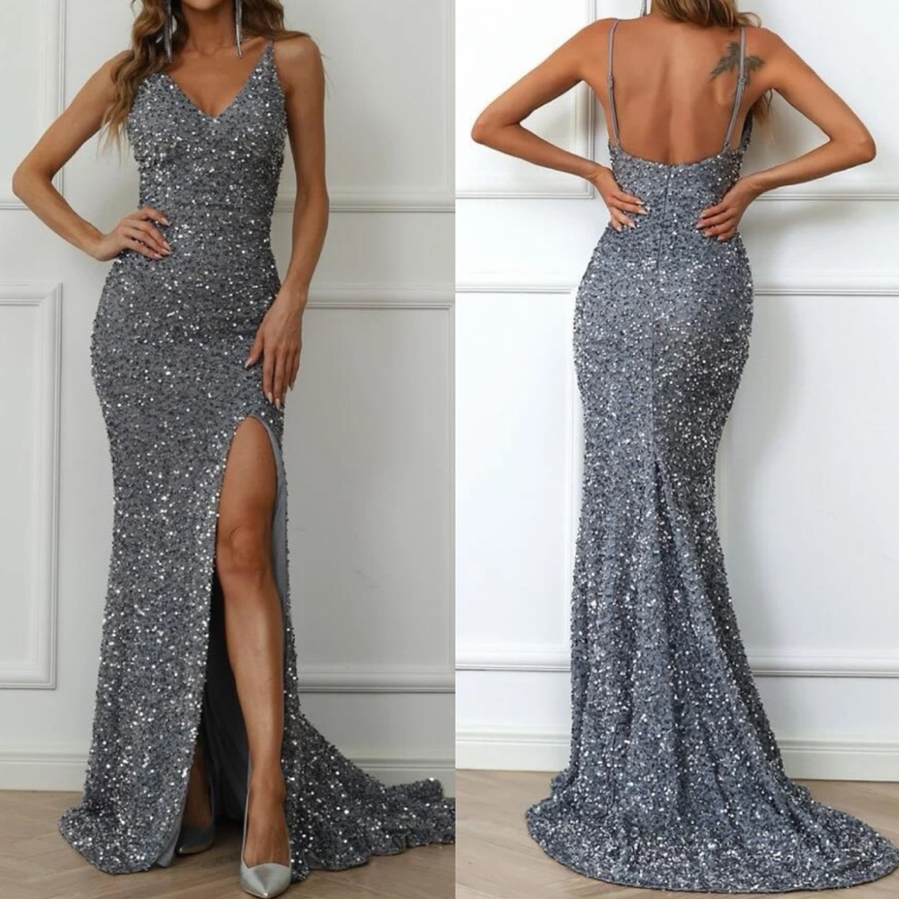 Luxe gray slit thigh open back mermaid hem party formal wedding prom gown dress